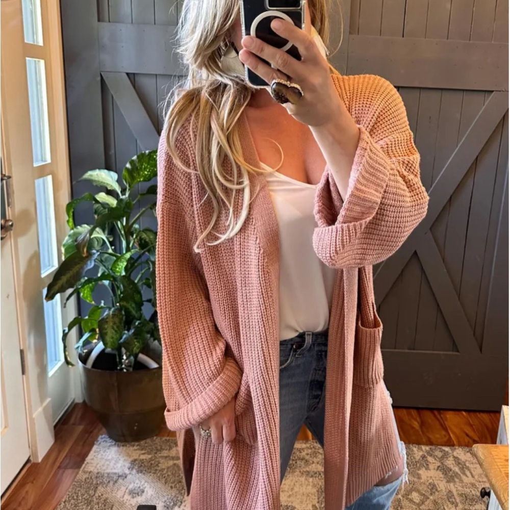 New Womens Oversized Knit Cardigan Sweater Cotton Blush Pink Crochet Yarn - Picture 8 of 10